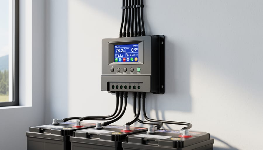 MPPT charge controller installed on RV interior wall with connected wiring and LED display
