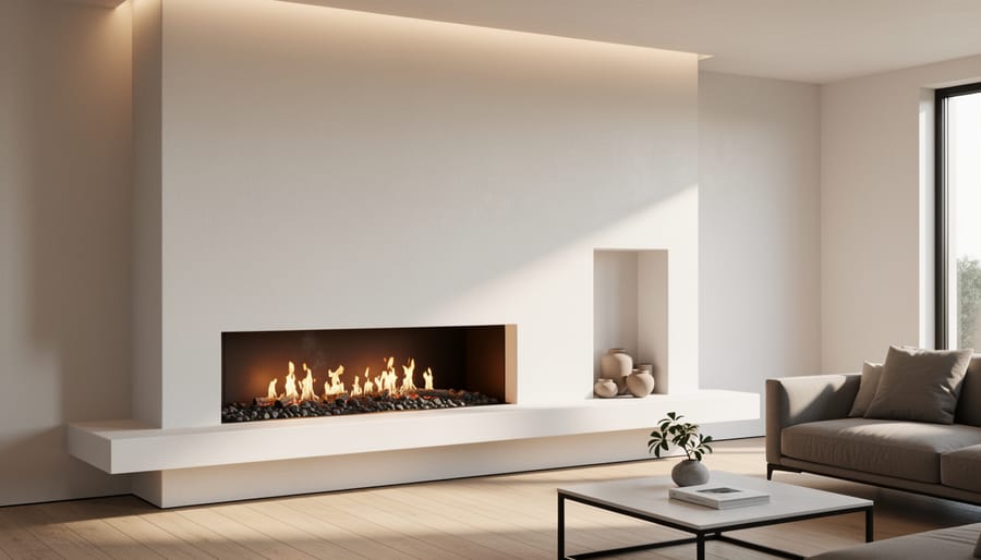 Minimalist two-story fireplace with white textured plaster finish and built-in niches