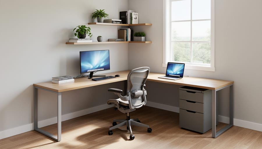 Overhead view of L-shaped desk setup in small home office corner with laptop and organized workspace