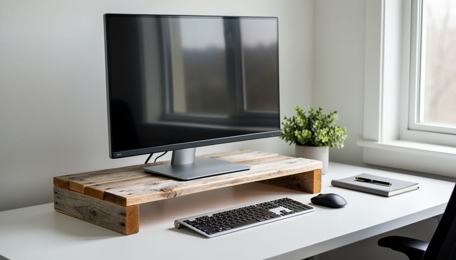 Overhead view of laptop elevated on homemade wooden monitor stand with keyboard and plant on desk