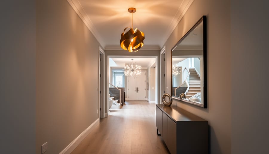 Large sculptural brass chandelier hanging in modern two-story entryway