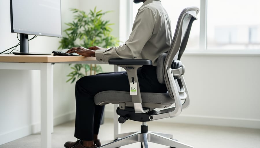 Person adjusting ergonomic office chair height with bamboo desk in background