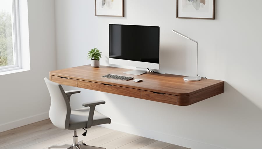 Wall-mounted floating desk with built-in cable management channels