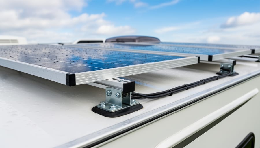 Person installing solar panel mounting bracket on RV roof with power drill