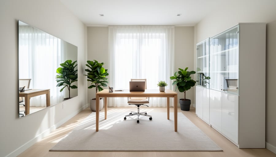 Bright modern small office with light-colored furniture and mirror creating spacious feel