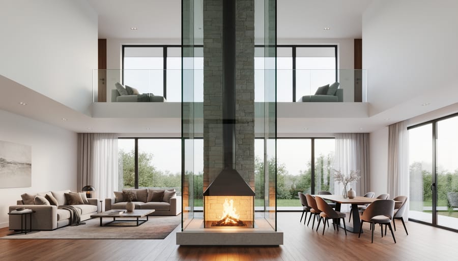 Contemporary linear see-through fireplace with glass panels visible from two rooms