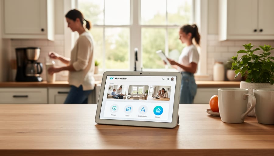 Family reviewing home security camera feeds on Google Nest Hub display in kitchen
