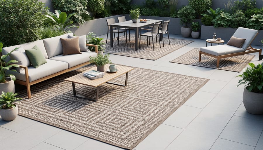 Covered outdoor patio with sustainable rugs creating defined conversation and dining zones