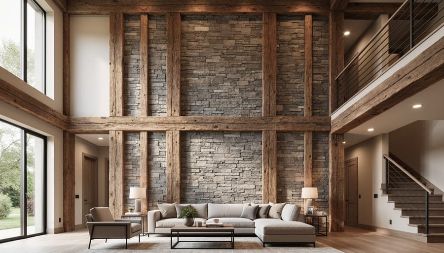 Rustic two-story fireplace with reclaimed wood mantel and stacked stone surround