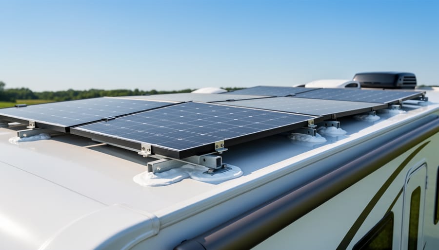 Close-up of solar panels properly mounted on RV roof with brackets and sealant