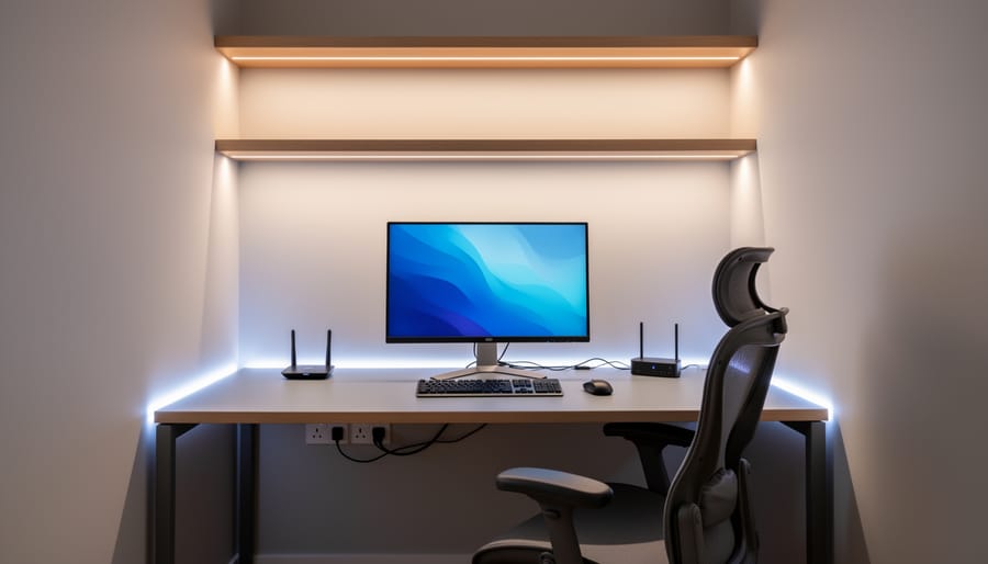 Smart LED light strip mounted under shelf with wireless charging pad on modern desk