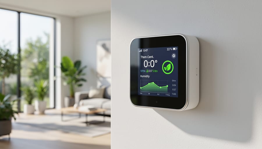 Modern smart thermostat displaying energy usage mounted on living room wall
