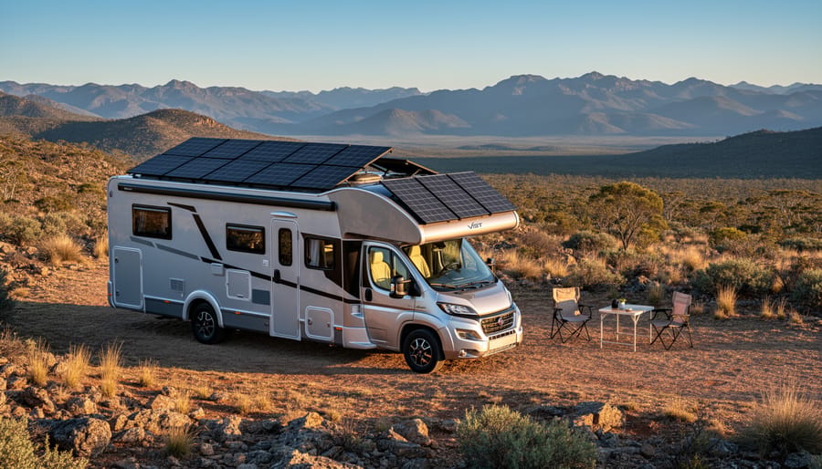 RV with solar panels on roof parked in mountain wilderness setting