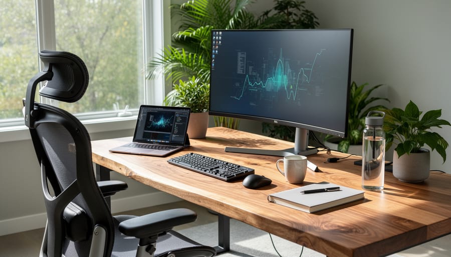 Modern ergonomic office workspace with adjustable desk, ergonomic chair, and indoor plants