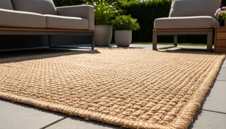 Sustainable outdoor rugs made from natural jute and bamboo materials on wooden deck