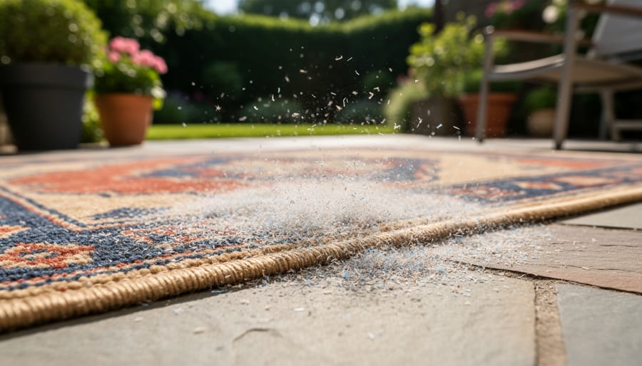Close-up of deteriorating synthetic outdoor rug fibers showing microplastic shedding