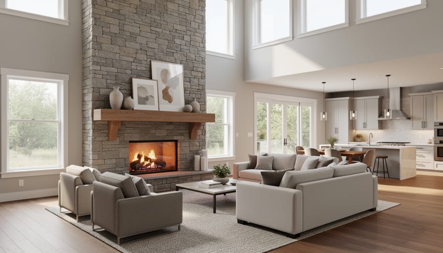 Floor-to-ceiling stone fireplace in two-story great room with natural lighting