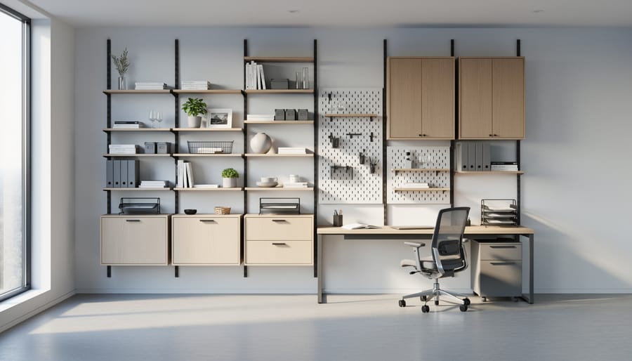 Wall-mounted shelving system above desk displaying organized office supplies and books