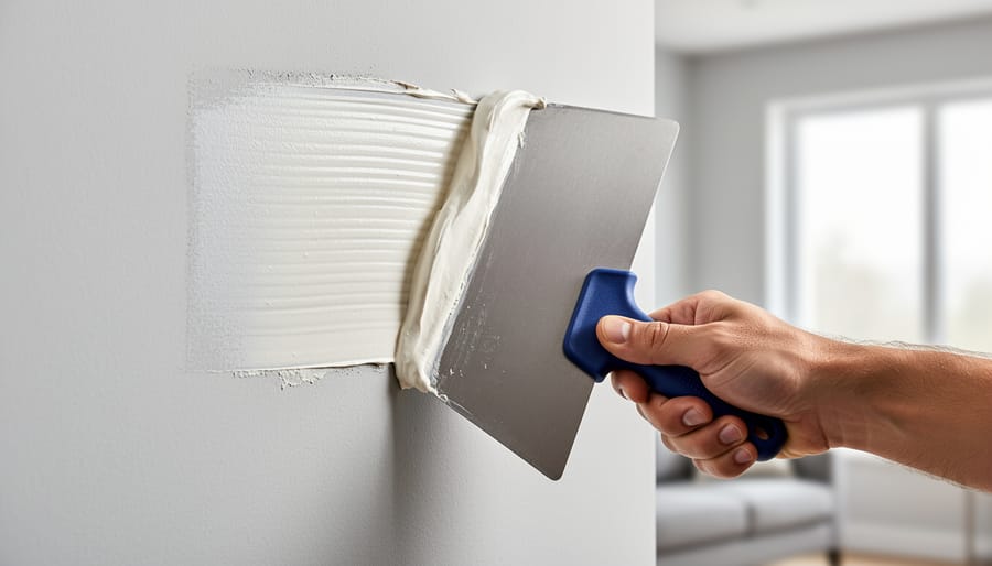 Hand applying joint compound over drywall patch with putty knife