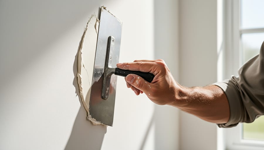 Hand applying spackle compound to small drywall hole with putty knife