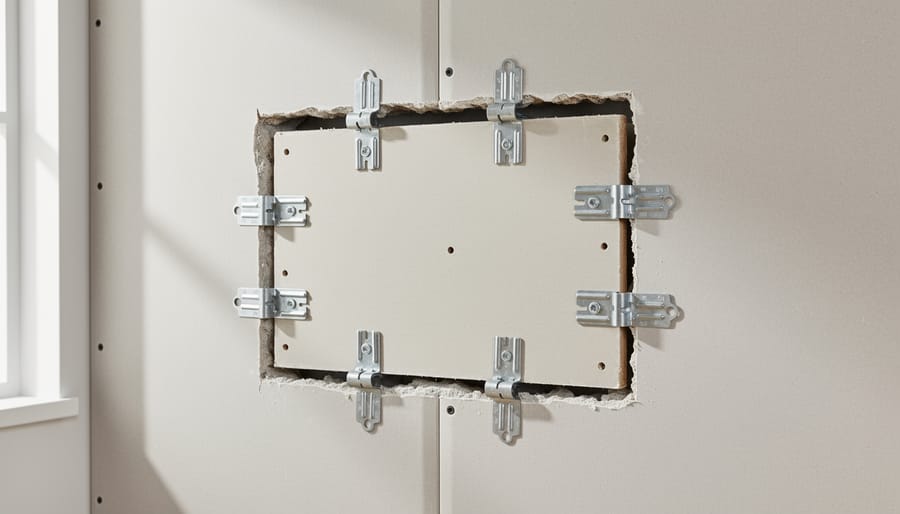Close-up of metal drywall repair clips installed around edges of hole in white drywall