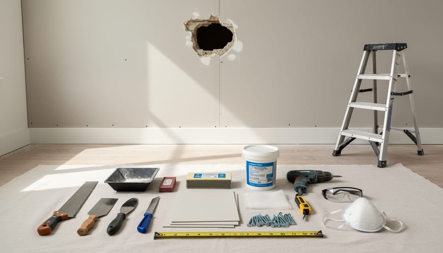 Overhead view of drywall repair tools and materials including clips, joint compound, and tools on workbench