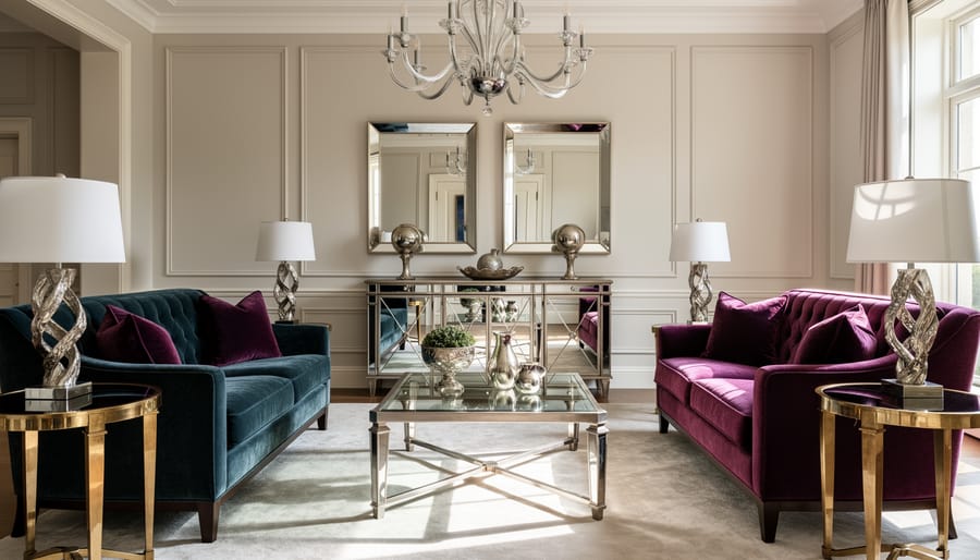 Close-up of Hollywood Regency design elements featuring metallic accessories, mirrored surfaces, and jewel-tone velvet