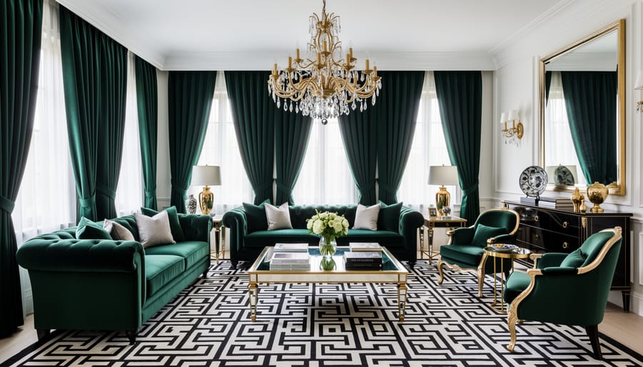 Elegant Hollywood Regency living room with white tufted sofa, black lacquered furniture, and gold mirror
