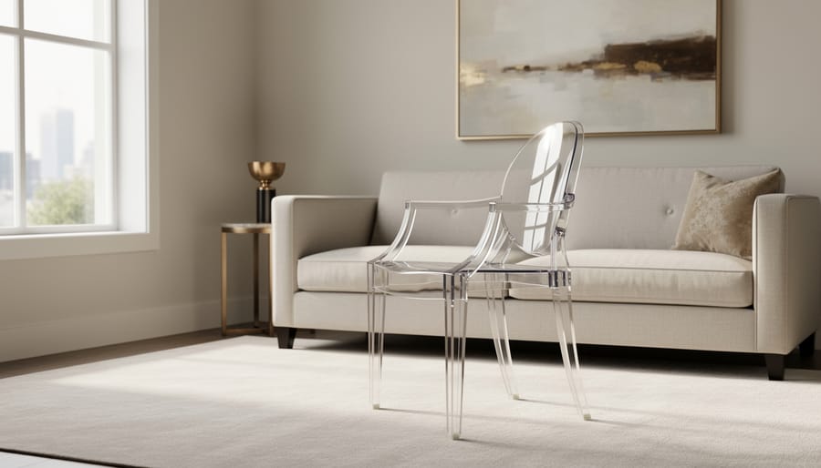 Lucite accent chair with brass legs positioned near large ornate gold mirror against black wall