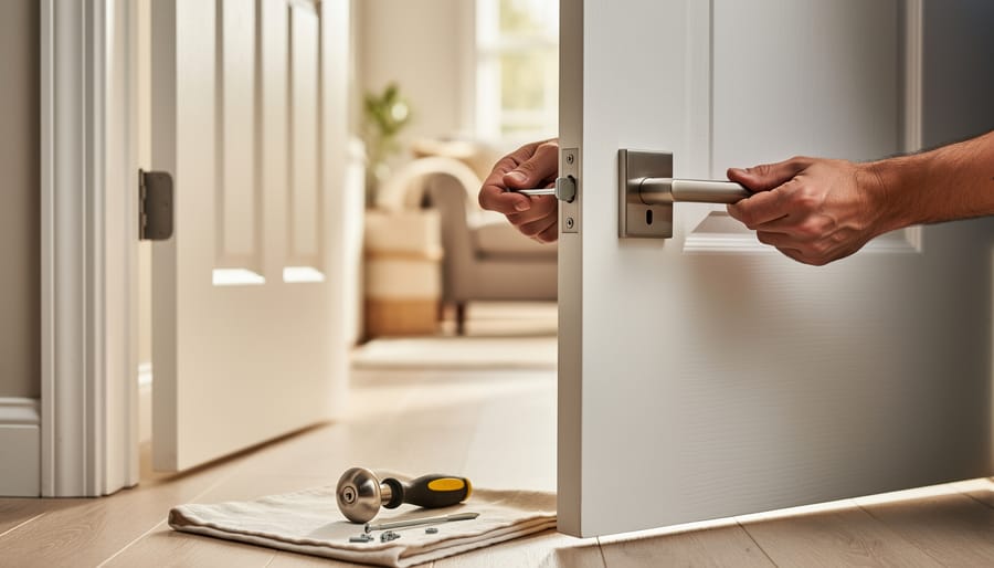 Close-up of hands installing lever-style door handle as accessible hardware upgrade