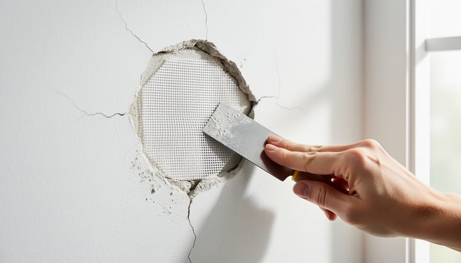 Adhesive mesh patch applied over drywall hole with joint compound
