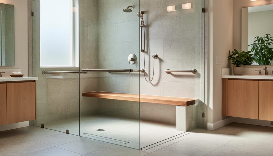 Modern accessible bathroom with curbless roll-in shower, glass enclosure, and built-in bench