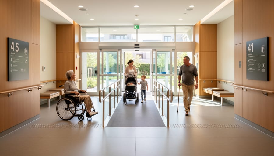 Diverse group of people including elderly resident, parent with child, and wheelchair user in wide accessible home hallway