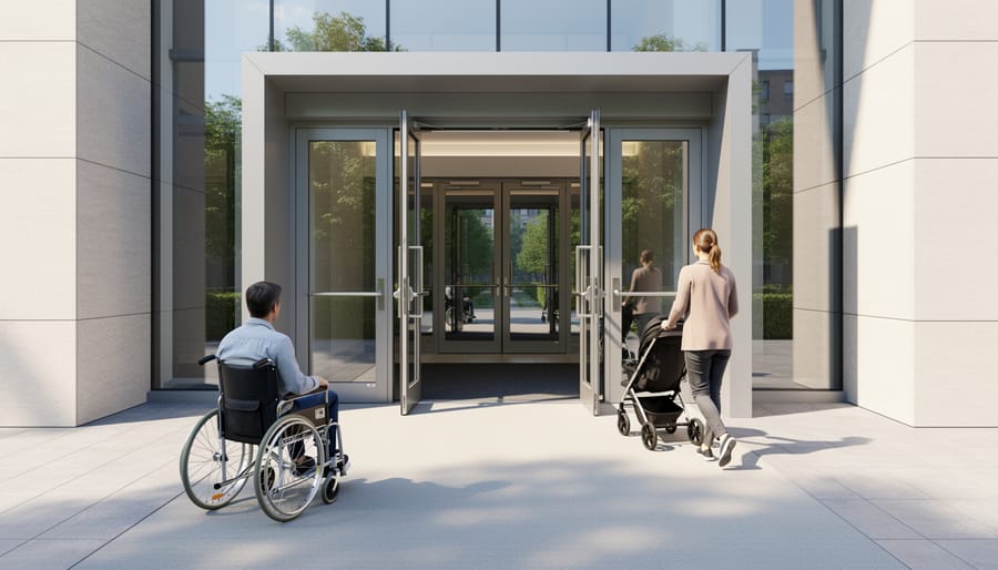 Wide accessible home entrance with lever handle and zero-step threshold showing person with walker entering