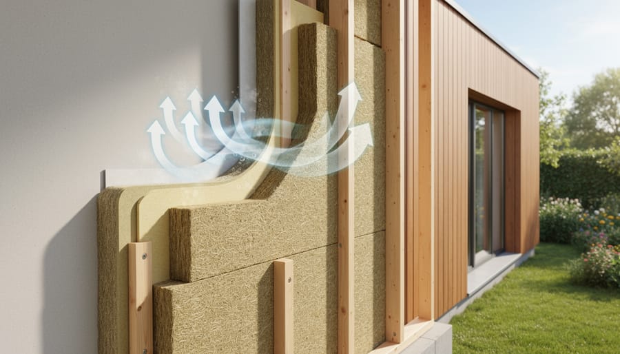 Wood fiber insulation boards installed on home exterior wall during construction