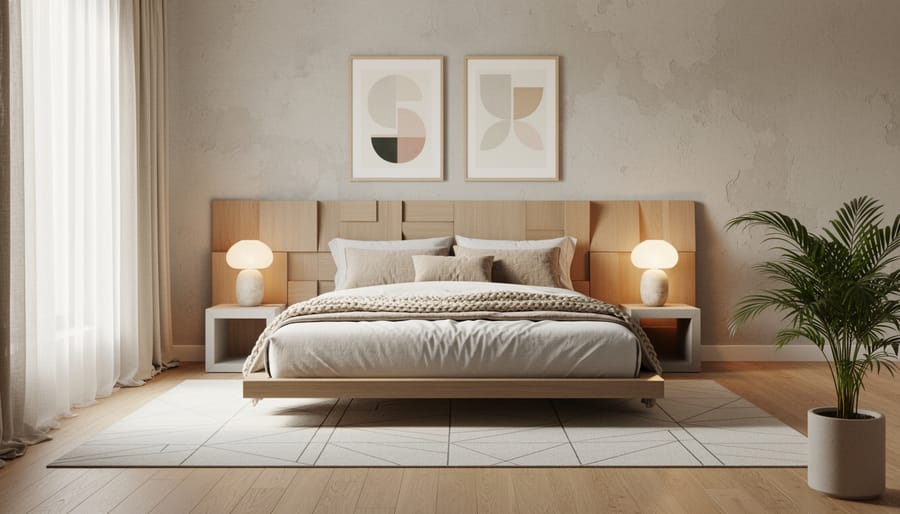 Bedroom interior showing opposition between structured headboard and soft flowing linens, geometric furniture and curved accessories