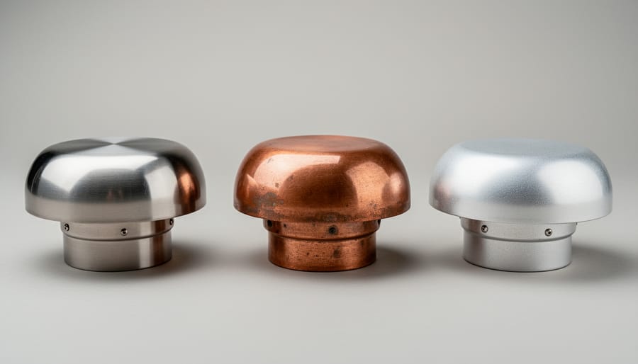 Three chimney caps made from stainless steel, copper, and aluminum materials