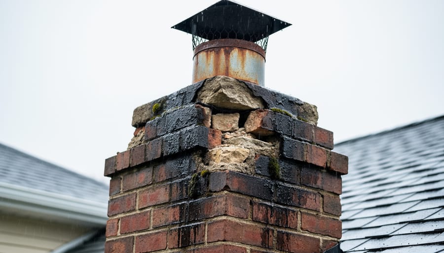 Damaged brick chimney showing water deterioration, crumbling mortar, and mineral deposits