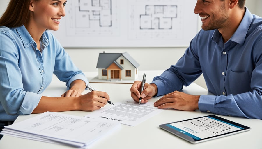 Homeowner and contractor reviewing renovation contracts and shaking hands at kitchen counter