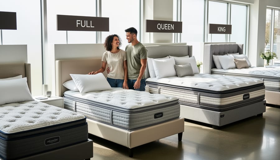 Couple sleeping peacefully on spacious king-size mattress with comfortable room for both sleepers