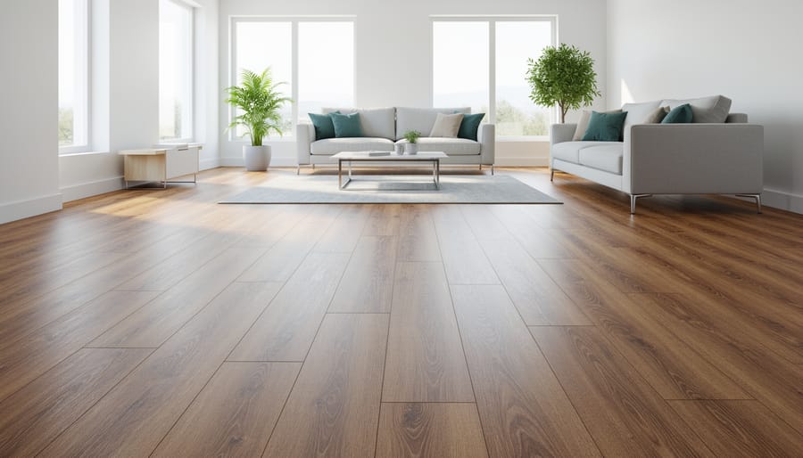 Completed DIY laminate flooring installation in modern living room interior