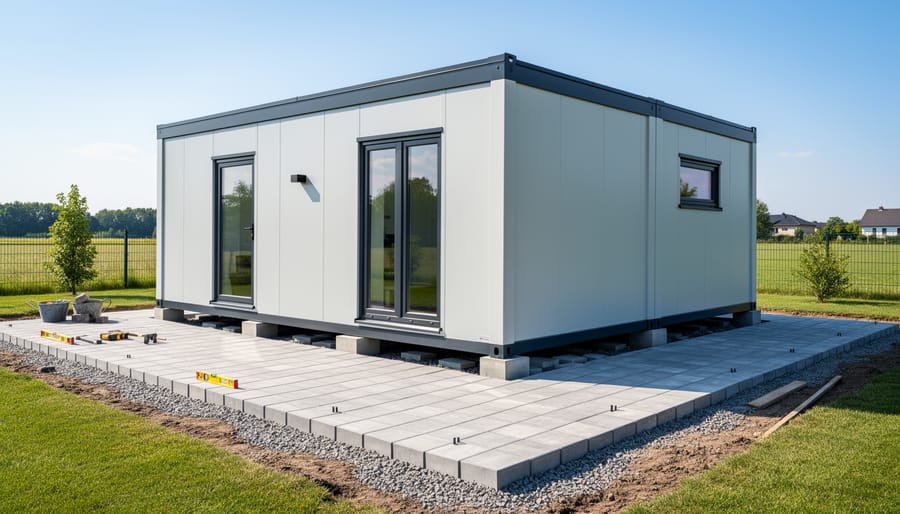 Concrete paver foundation blocks arranged on gravel base for outdoor office installation
