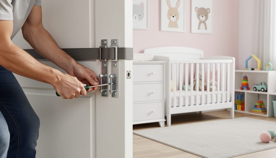 Close-up of wall anchor bracket securing nursery dresser to prevent tip-over