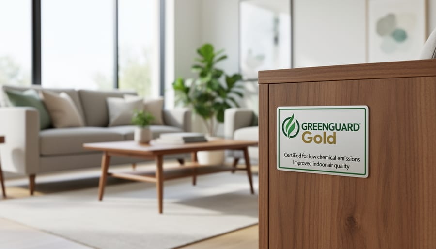 Close-up of GREENGUARD Gold certification label on furniture showing third-party verification