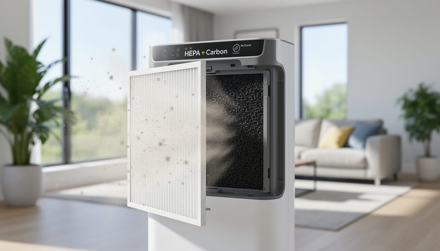 HEPA air purifier with plants in bright bedroom setting