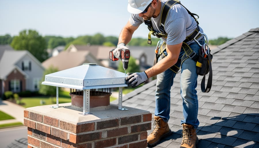 Person installing stainless steel chimney cap on brick chimney with proper safety equipment