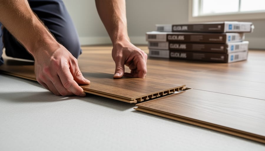 Hands demonstrating laminate plank click-lock installation technique on underlayment