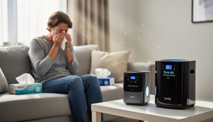Modern ionic air purifier with blue glow on table in living room