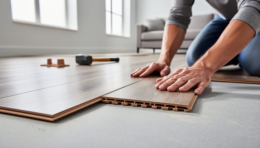 Close-up of hands holding laminate flooring planks showing click-lock connection system