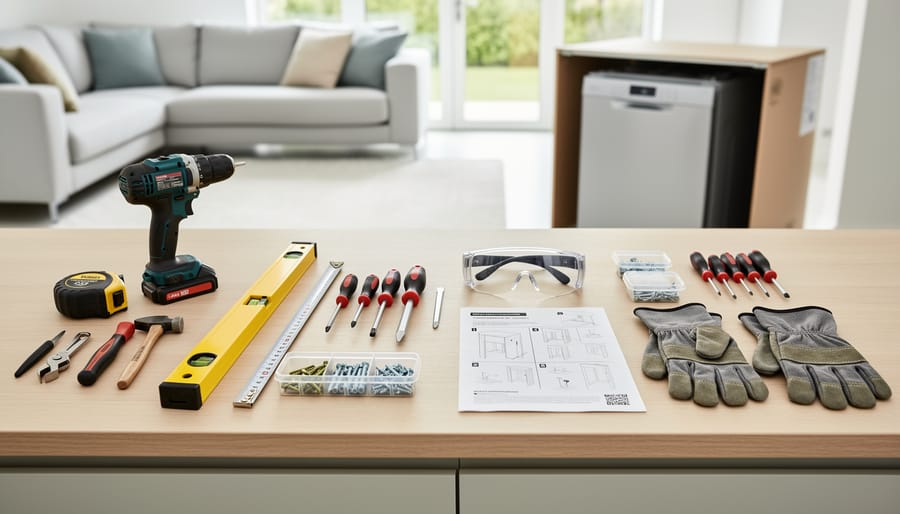 Overhead view of essential laminate flooring installation tools organized on subfloor